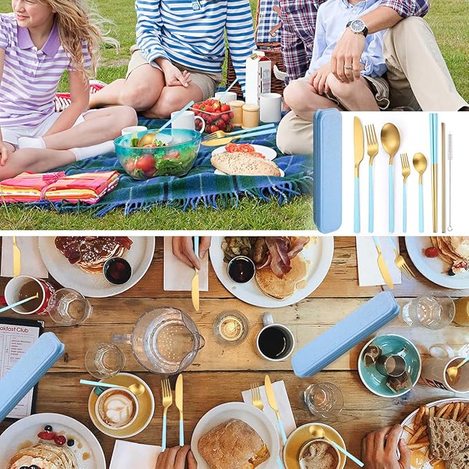 AARainbow 8 Pieces Stainless Steel Flatware Set Portable Reusable Cutlery Set Travel Utensils Set Including Chopsticks Knife Fork Spoon Straws Cleaning Brush Dishwasher Safe (B-Light blue Golden)