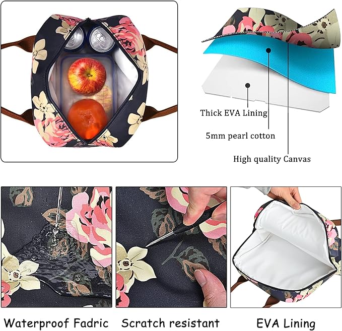 LOKASS Lunch Bag Women Insulated Lunch Box Water-resistant Lunch Tote Thermal Lunch Cooler Soft Liner Lunch Bags for Lady Adults Work/Picnic/Beach/Fishing (Peony)