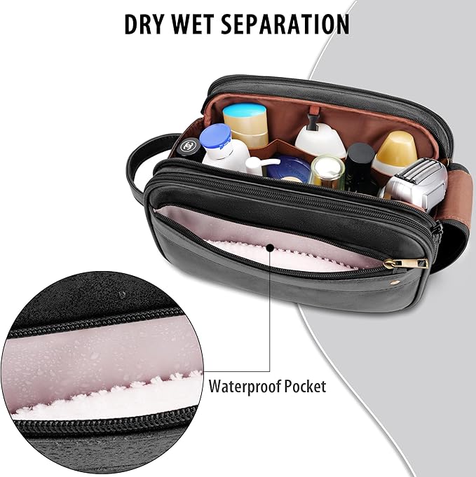 Travel Toiletry Bag for Men, Large Hanging Toiletries Organizer Bags for Women, Cruise Ship Essentials, Water-resistant Shaving Case, PU Leather Makeup Accessories, Cosmetic Dopp Kit, Black