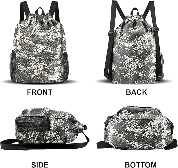 Drawstring Backpack with Mesh Pockets String Gym Bag Sackpack Sandproof Water Resistant Beach Backpack for Men Women