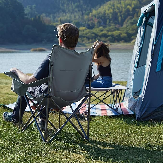 TIMBER RIDGE Oversized Folding Camping Chair for Adults, Support 550 LBS Heavy Duty with Cup Holder Side Pocket for Camping, Lawn, Picnic, 2 Pack(Grey)