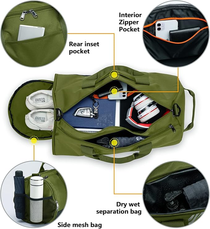 TUGUAN Basketball Gym Bags for Men Women Small Travel Duffle Bag with Wet Pocket & Shoes Compartment Overnight Weekender Duffel Bag Sports Gym Tote bag Man 40L, Green