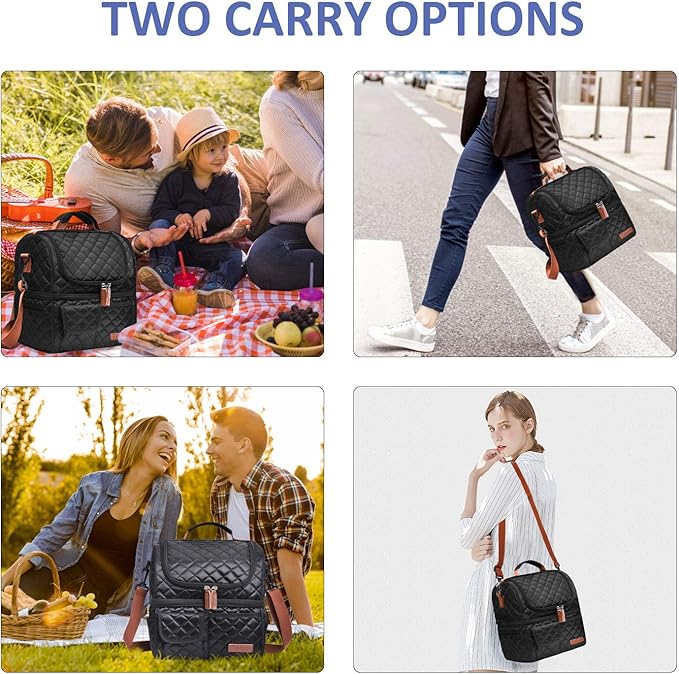 LOKASS Lunch Bags for Women Double Deck Insulated Lunch Box Large Cooler Tote Bag with Removable Shoulder Strap Wide Open Thermal Meal Prep Lunch Organizer for Men Adults Work Picnic, Black-Square