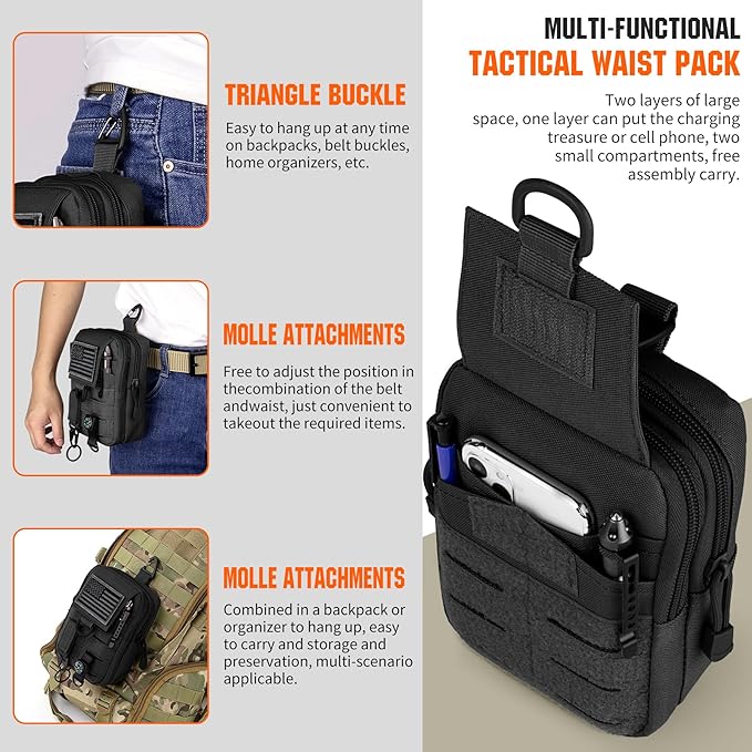 IronSeals Tactical Molle Utility EDC Pouch Nylon Waist Belt Bag Camping Hiking Organizer Pouch Phone Holster for iPhone 16 Pro Max/16 Pro/15 Pro Max/14 Pro Max/13 Pro Max/12 Pro Max/11 Pro Max, Large