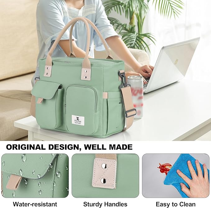 Hafmall Large Insulated Lunch Bag for Women, Leakproof Lunch Box for Men, Wide Opening Lunch Tote Bag with Shoulder Strap, Reusable Adult Lunch Bag For Work, Picnic, Green
