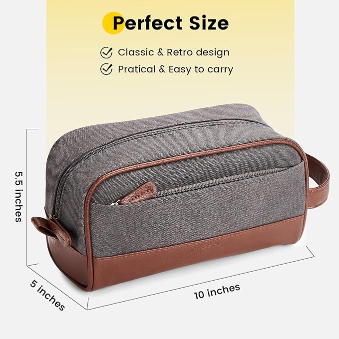 Vorspack Travel Toiletry Bag - Canvas Toiletry Bag for Men Water Resistant Skincare Bag Dopp Kit for Bathroom Toiletries Accessories Gifts - Grey