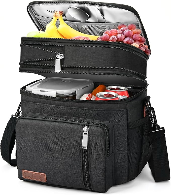 LOKASS Lunch Bag for Women/Men Work, 16L Expandable Double Deck Lunch box, Waterproof Leak-proof Cooler Bag, Portable Meal Prep Lunchbag with Adjustable Shoulder Strap-Black