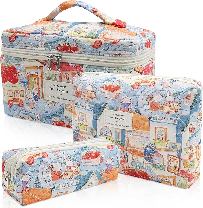 3pc Makeup Bag Set, Quilted Makeup Bag Set, Large Floral Cosmetic Bag for Women, Cute Cotton Makeup Bags, Flower Travel Toiletry Organizer Bag (Rabbit Print)