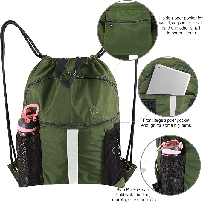 BeeGreen Drawstring Backpack Bag with Shoe Compartment, X-Large Black Gym Sports String Cinch Backpack