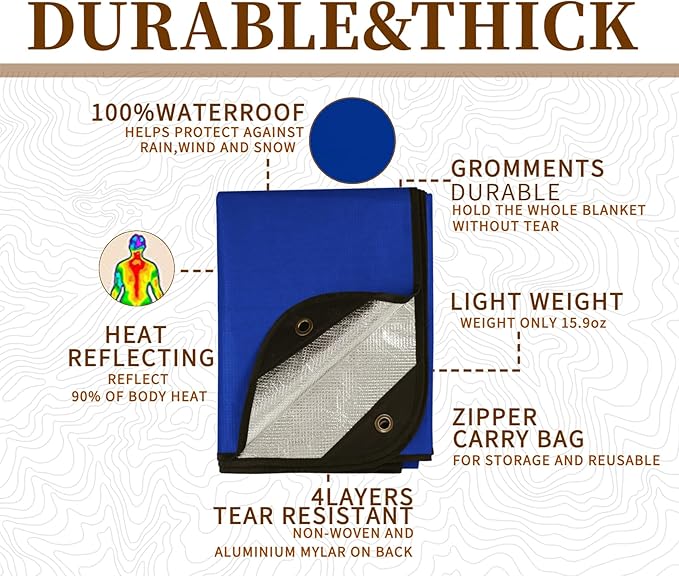 Heavy Duty Survival Blanket -Multifunctional Reflective Tarp Thermal Blanket - 60" x 83" Waterproof Sandproof for Camping Hiking Outdoors Multifunctional Emergency Blanket…