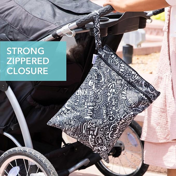 Bumkins Waterproof Wet Dry Bag for Baby, Travel, Swim Suit, Cloth Diapers, Pump Parts, Pool, Beach, Gym Clothes, Toiletry, Hook to Stroller, Daycare, Zipper Reusable Wetdry Packing Pouch, Be Kind