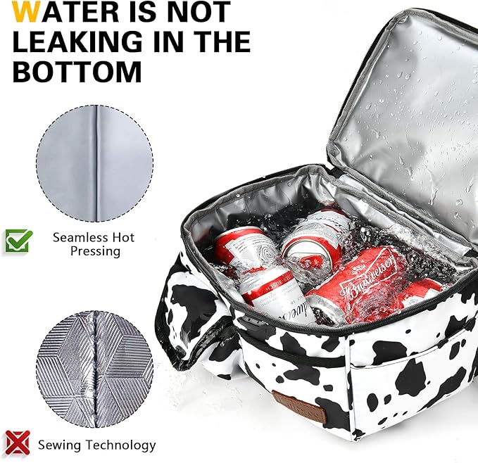 LOKASS Lunch Box for Women-Double Deck Insulated Adults Lunch Bag with Removable Shoulder Strap-Cow Print Cute Wide Open Lunch Tote for Work/Office/Picnic/Beach/Travel