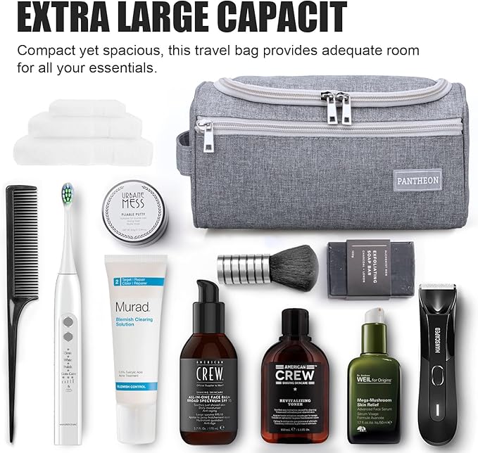 Pantheon Travel Toiletry Bag for Men and Women, Travel bag for Toiletries, Valentines Day Gifts for Men, Travel Bathroom Bag, Mens Travel Bag Hanging Toiletry Organizer Toiletry Kit (Gray)