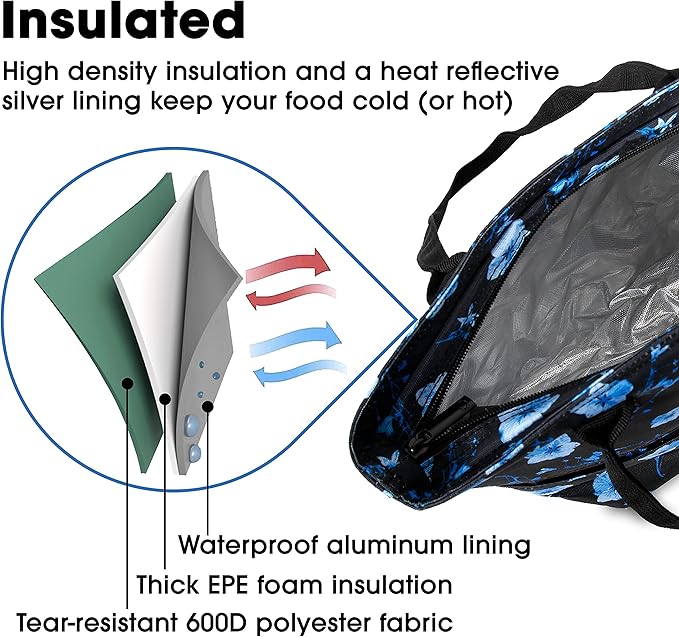 J World Lola Lunch Tote Bag Insulated Lunch-Box for Women & Teen Girls, Night Bloom