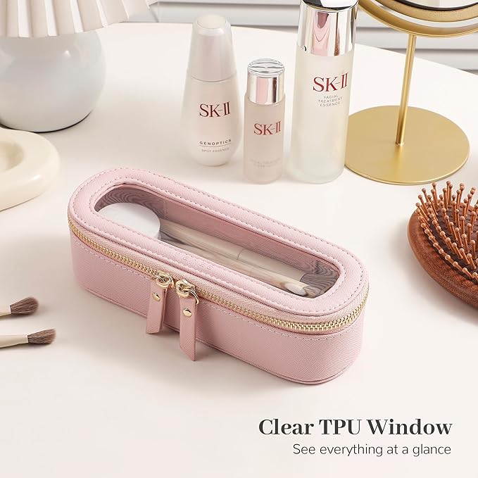 Aveniee Slim Clear Makeup Brush Bag, Small Cosmetic Brush Holder, Mini Toiletry Bag Travel Case for Women, Thin Make up Bags with Dual Zipper, Cute Travel Essentials Bag Organize - Pink