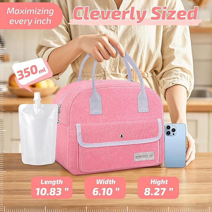 KIPBELIF Cute & Roomy Adult Lunch Box for Women – Stylish Insulated Lunch Bag with Cooling Pack, Shoulder Strap, Multi-Pockets for Work, Picnic (Standard Size) (Pink with Ice Pack)