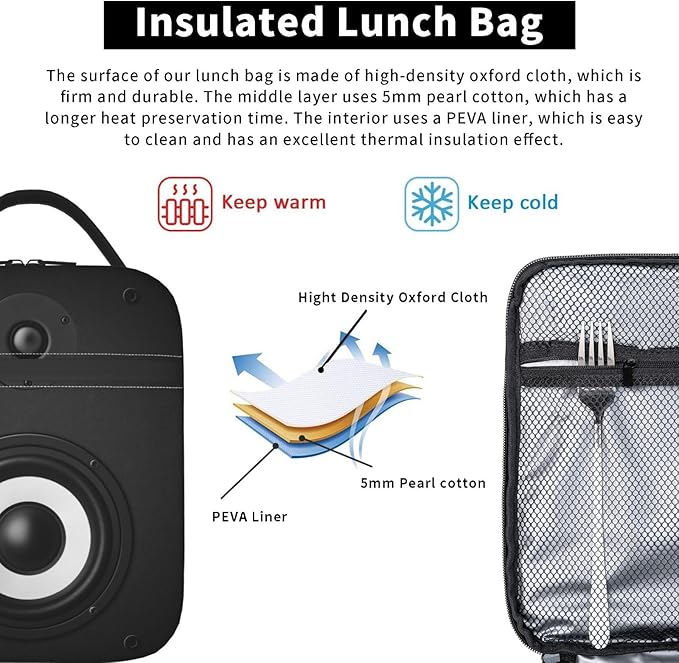 Music Lunch Bag Insulated Reusable Lunch Box Thermal Cooler Tote For Men Women Work Travel Picnic Hiking
