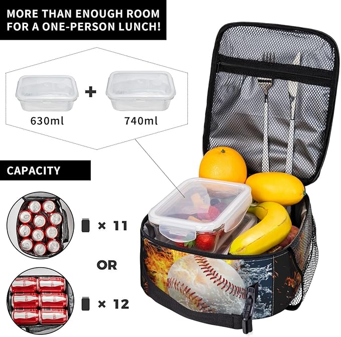 White Baseball Stitches Lunch Box,Cool Fire Water Sport Lunch Bag Sport Insulated for Men Women, Portable Kids Lunch Bag Reusable Baseball Cooler lunchbox for School Work Travel