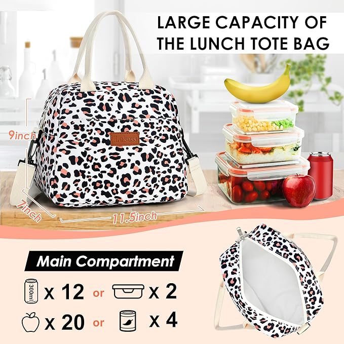 LOKASS Lunch Box for Women-Insulated Adults Lunch Bag with Removable Shoulder Strap&Front Pocket，Cute Lunch Tote for Work-Reusable Leopard Print Cooler Bag for Office Picnic Beach or Travel