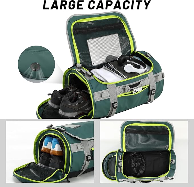 MIER Large Duffel Backpack Sports Gym Bag with Shoe Compartment, Heavy Duty and Water Resistant, Green, 45L