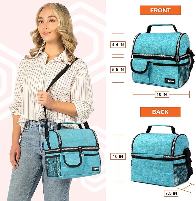 OPUX Lunch Box for Men, Adult Lunch Box Cooler, Insulated Lunch Bag Women, Dual Compartment Lunchbox for Work, Leakproof Double Decker Lunch Bag, Soft Lunch Pail Tote Boys Girls Kids School, Teal Blue