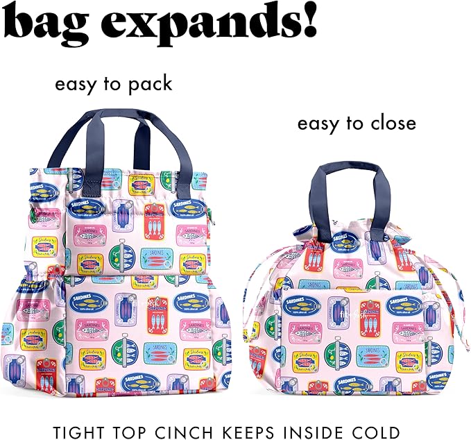 Fit & Fresh Lunch Bag For Women, Insulated Womens Lunch Bag For Work, Stain-Resistant Large Lunch Box For Women With Containers, Cinch Closure Cromwell Bag, Assorted Sardine Cans
