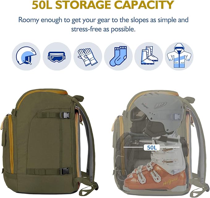 Unigear Ski Boot Backpack, 50L Travel Pack for Helmet, Goggles, Gloves, Skis, Snowboard & Accessories (Olive Green)