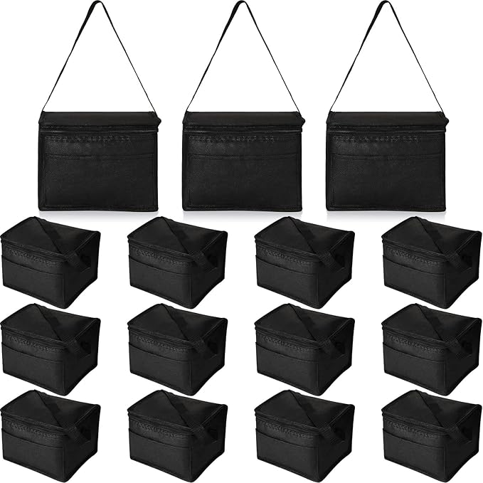 Nuogo 15 Pack Insulated Lunch Bags Bulk, Reusable Cooler Boxes, Leakproof Lunch Boxes Set, Waterproof Thermal Coolers, Insulated Beverage Bag for Women Men Work School Picnic Beach(Black)