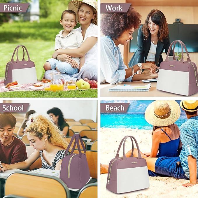 LOKASS Lunch Bag for Women-Insulated Adults Lunch Box with Front Pocket- Small Cute Lunch Tote for Work-Reusable Cooler Bag for Office Picnic Beach or Travel (Pink Purple)
