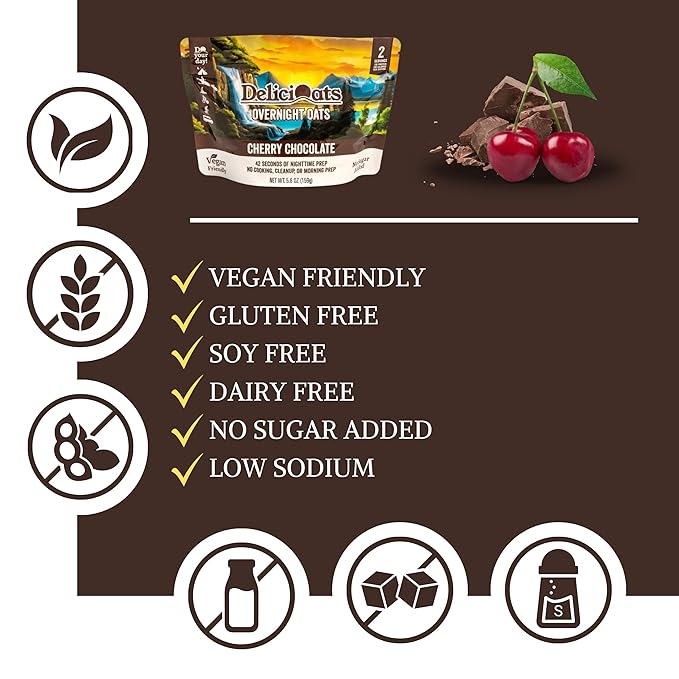 DeliciOats Overnight Oats | Dairy Free, Soy Free, Gluten Free Oatmeal for Backpacking, Camping, Emergency Food, and Everyday Breakfast (Pack of 1, Cherry Chocolate)