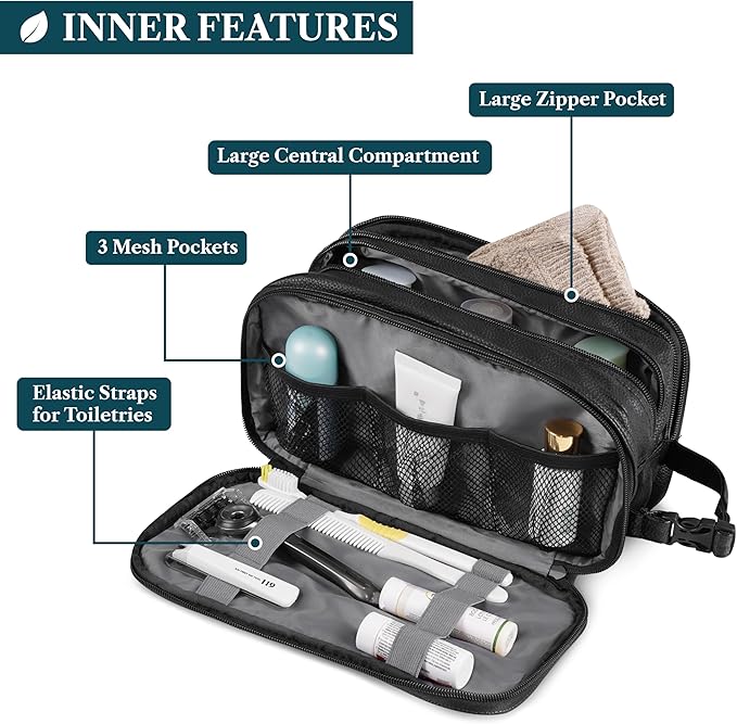 PAVILIA Toiletry Bag for Men, Travel Toiletries Bag | Water-resistant Dopp Kit, PU Leather Shaving Pouch Organizer for Accessories, Cosmetic, Hygiene, Grooming Essentials (Black)