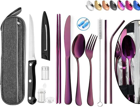 Stainless Steel Travel Utensil Set with Case, Portable Flatware Cutlery Set, Chopsticks, Straws (Purple)