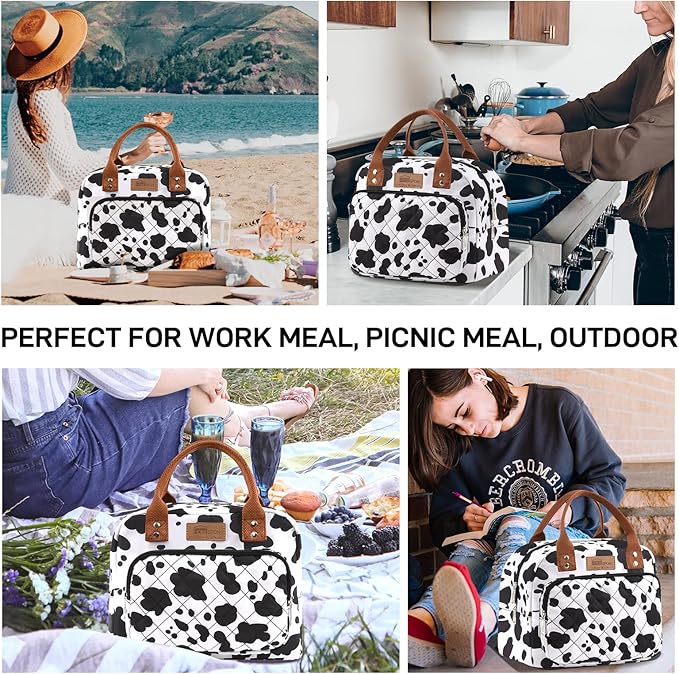 Buringer HOMESPON Lunch Bag for Woman Man Adults with Front Pocket Insulated Lunch Tote Lunch Box Container for Work Picnic or Travel（Cow）