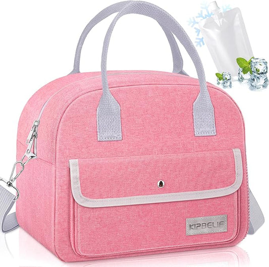 KIPBELIF Cute & Roomy Adult Lunch Box for Women – Stylish Insulated Lunch Bag with Cooling Pack, Shoulder Strap, Multi-Pockets for Work, Picnic (Standard Size) (Pink with Ice Pack)