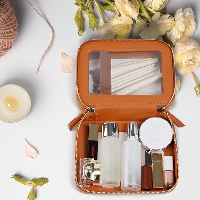 Prite Large Clear Makeup Bag Double Layer Makeup Bag for Women Travel Toiletry Bag Cosmetic Train Case with a Separate Brush Compartment for Car Essentials(Brown)