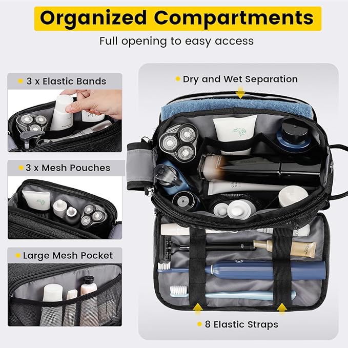 Vorspack Travel Toiletry Bag for Men - Water Resistant Mens Toiletry Travel Bag Dopp Kit Shaving Bag for Bathroom Toiletries Gifts - Black
