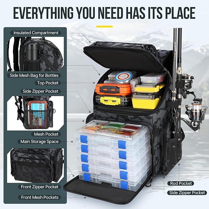 PLUSINNO Cooler Fishing Backpack with Rod Holders 45L Large Water-resistant Fishing Tackle bag Store Fishing Gear Fishing Gifts for Men Father