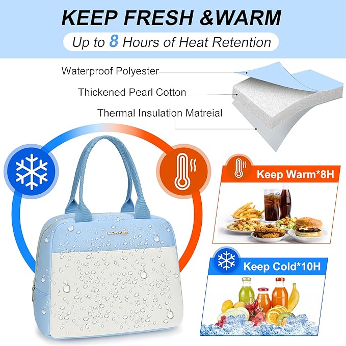 LOKASS Lunch Bag for Women-Insulated Adults Lunch Box with Front Pocket- Small Cute Lunch Tote for Work-Reusable Cooler Bag for Office Picnic Beach or Travel (Sky Blue)