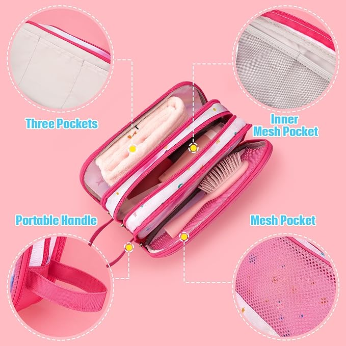 WAWSAM Rainbow Pink Toiletry Bag - Travel Toiletry Bag for Kids Girls Christmas Birthday Gift Camping Toiletry Case Toiletries Makeup Cosmetic Pouch Pink Water-resistant Wash Bag Dopp Kit with Pocket