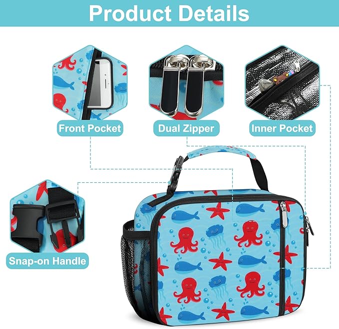 esouler Lunch Box Kids Insulated Lunch Bag for Boys & Girls Durable Children Lunchbox for School with Water Bottle Holder-Octopus