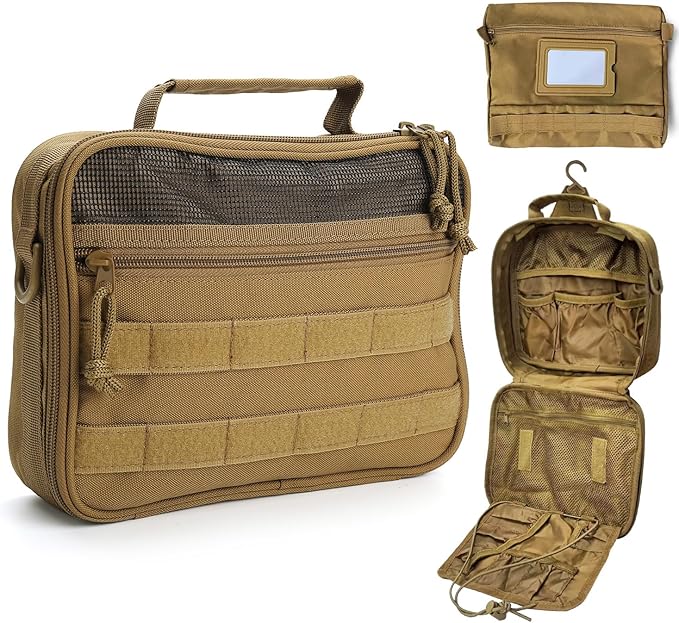 SUNRISING Tactical Toiletry Bag for Men - Hanging Travel Dopp Kit, Shaving Hygiene Organizer, Durable Bathroom Essentials for Short Trips & Camping Khaki