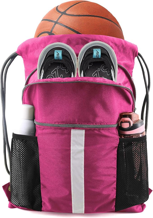 BeeGreen Drawstring Backpack Bag with Shoe Compartment, X-Large Black Gym Sports String Cinch Backpack