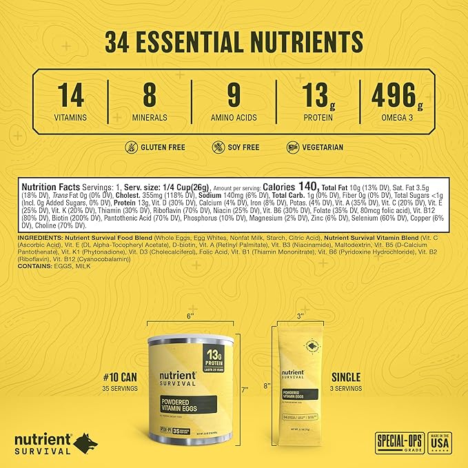 70 Egg Equivalent Nutrient Survival Vitamin Powdered Eggs Blend, Freeze Dried Prepper Supplies & Emergency Food Supply, 33 Essential Nutrients, Gluten Free, Shelf Stable Up to 25 Years
