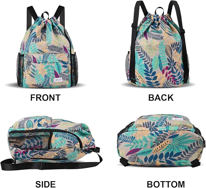 Drawstring Backpack with Mesh Pockets String Gym Bag Sackpack Sandproof Water Resistant Beach Backpack for Men Women