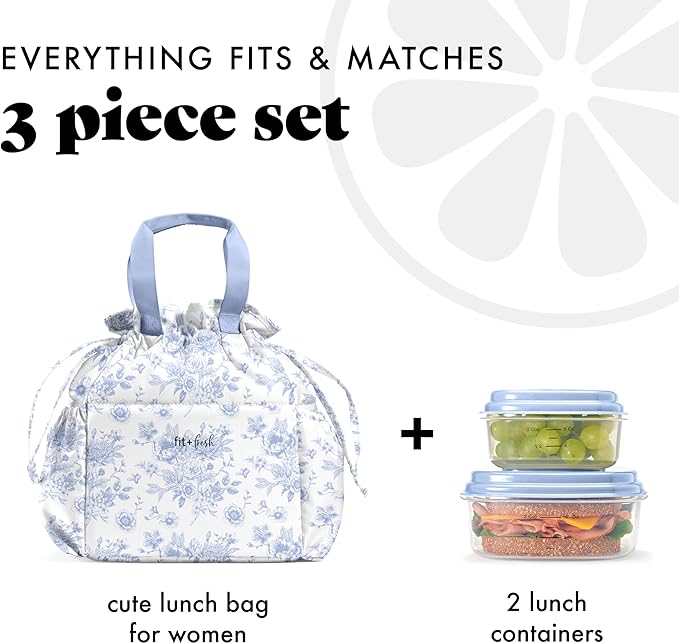 Fit & Fresh Lunch Bag For Women, Insulated Womens Lunch Bag For Work, Stain-Resistant Large Lunch Box For Women With Containers, Cinch Closure Cromwell Bag, Cornflower Floral Toile