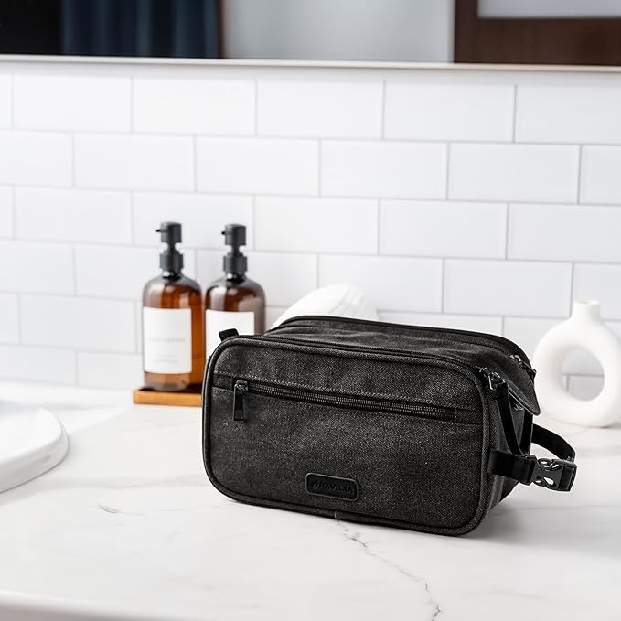 PAVILIA Toiletry Bag for Men, Canvas Travel Dopp Kit, Water Resistant Hygiene Bag Toiletries Organizer, Shaving Kit Travel Accessories Bag, Black