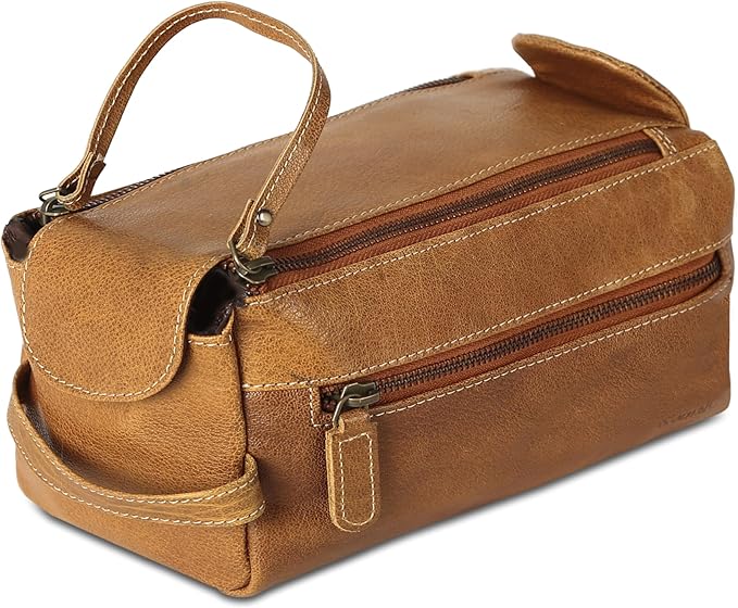 KomalC Premium Buffalo Leather Unisex Toiletry Bag Travel Dopp Kit
