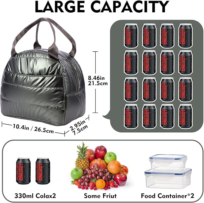 Lunch Bag Lunch Box for Women Men Adult Insulated Cute Small Quilted Puffer Lunchbox Reusable Thermal Lunch Cooler Tote Bag for Work, Picnic or Travel-Olive green