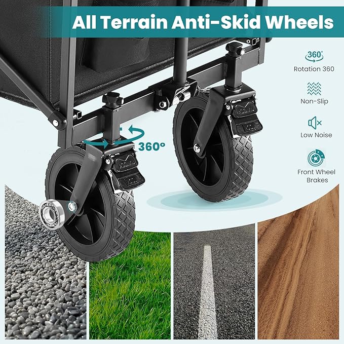 Sweetcrispy Collapsible Foldable Wagon Cart, Large Capacity Garden Cart with Wheels, Heavy Duty Utility Grocery Wagon with Drink Holders for Shopping Sports Camping,Extra Large Black