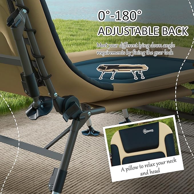 Outsunny Camping Cot for Adults, Folding Bed with Soft Padded Cushions & Headrest, 180° Adjustable Reclining Lounger, Heavy Duty and Portable with a 400 lbs. Capacity, Cream White